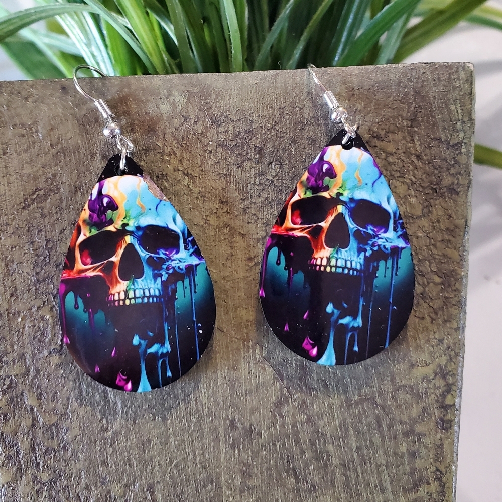 Paint Drip Skull Teardrop Earrings